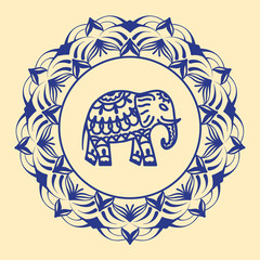  Hand drawn elephant with Lotus flower, mandala. Oriental ornament for yoga poster, invitation, greeting card, coloring book.