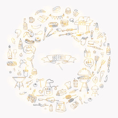 Hand drawn doodle BBQ party icons set Vector illustration summer barbecue symbols collection Cartoon various meals, drinks, ingredients and decoration elements on white background Sketch