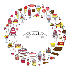 Hand drawn doodle Sweets set. Vector illustration. Sketchy Sweet food icons collection. Isolated cartoon desert symbols: Cupcake, Macarons, Chocolate bar, Candy, Cake, Pie, Pastry, Lollipop, Pastry.