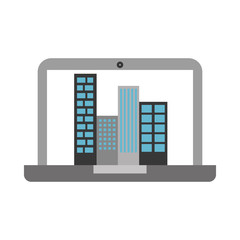 laptop with buildings cityscape scene vector illustration design