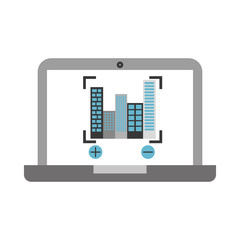 Obraz premium laptop with buildings cityscape scene vector illustration design