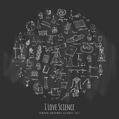 Freehand drawing school items. Science Lesson concept. Hand drawing set of education supplies sketchy doodles Cartoon symbols Vector illustration Physics Calculus Chemistry Biology Astronomy Lab