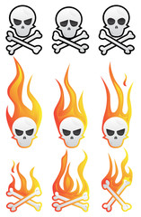 Skull set with flames and bones. Vector illustrated cartoon style collection.