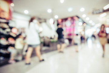 Blurred background of shopping mall corridor with people walking with vintage tone image.