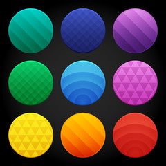 Set of colorful round glossy buttons with different abstract patterns, vector asset for web or game design, app icons vector template isolated on black background.