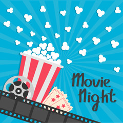 Fototapeta premium Popcorn popping. Big movie reel. Ticket Admit one. Three star. Cinema movie icon in flat design style. Film strip border. Red yellow strip box. Blue star burst sunburst wave background