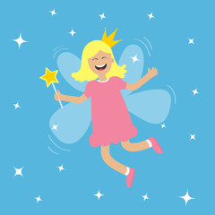 Tooth fairy flying wings. Smiling teeth mouth. Girl holding star magic wand. Shining fairy dust. Cute baby teeth cartoon character in crown. Smiling woman. Blue background. Isolated Flat design