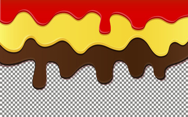Flowing down chocolate, jam and honey on transparent background