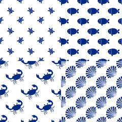 Set of sea backgrounds in dark blue and white colors. Seamless patterns animals.
