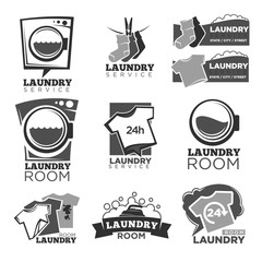 Laundry service or laundromat vector labels templates of washing machine soap bubbles