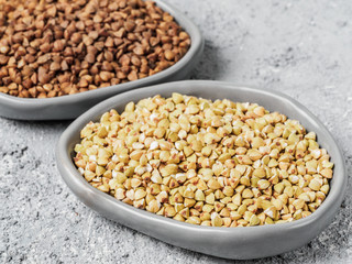 Raw green buckwheat on gray background