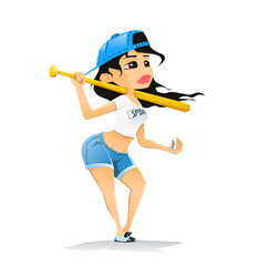 Girl with the bat playing a sports game baseball on white background