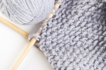 Wool yarn and wooden needles Needlework  background