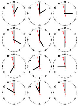 A set of mechanical clocks with an image of each of the twelve hours. Clock face on white background.
