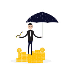 Manager,office worker or businessman with the beard holding an open umbrella over golden coins. Concept of business insurance.Vector flat design illustration