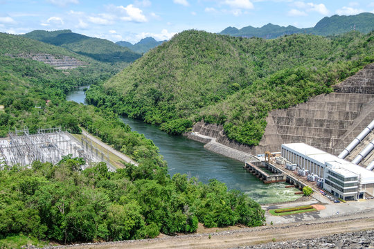The hydroelectric power generation at the Srinakarin Dam at Kanchanaburi, Thailand.