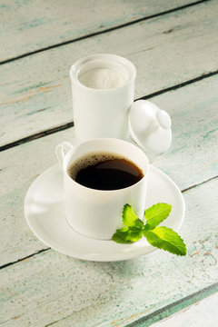 Pot Of Stevia Sweetener And Coffee