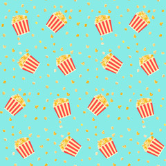 Obraz premium Bright colorful yellow popcorn in red striped boxes on blue background seamless pattern. Cinema food texture for banners, covers, print, textile, backgrounds, wallpaper