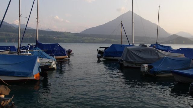 Boats in the Lake Thun Marina. Interlaken Region, Switzerland