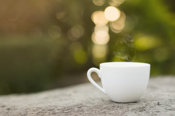Morning coffee in garden.	