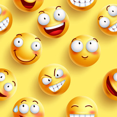 Smileys wallpaper seamless vector pattern in yellow color with continuous happy faces and facial expressions. Vector illustration.
