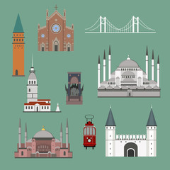 Cartoon Turkey symbols and objects set: Saint Sophie Cathedral, Maiden's Tower, palace of Topapa, Galata Tower, bridge of Bosporus, Republic Monument, Saint Anthony's Church. Istanbul architecture.
