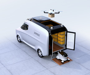 Self-driving van, drone and robot. Automatic delivery system concept. 3D rendering image.
