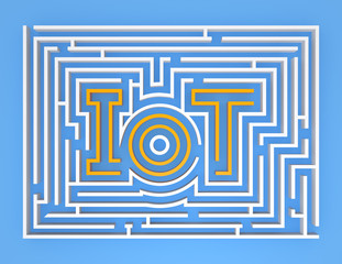 IoT maze graphic on blue background. Internet of things concept. 3D rendering image.