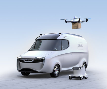Self-driving van, drone and robot. Automatic delivery system concept. 3D rendering image.