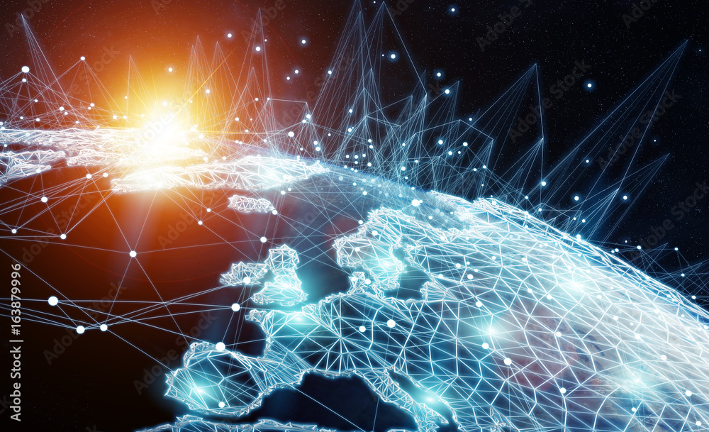 Poster Global network and datas exchanges over the planet Earth 3D rendering