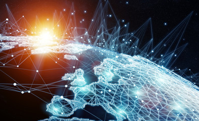 Global network and datas exchanges over the planet Earth 3D rendering