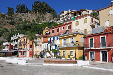 colorful old buildings and castle Parga Greece