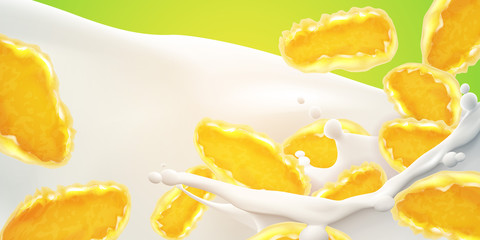 Realistic milk vector illustration with big splash and corn flakes. High quality art for advertising flyer, poster or label design