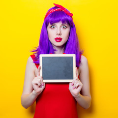 girl with purple color hair and blackboard