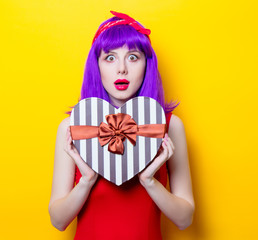girl with purple color hair and heart shape box