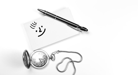 Office accessories on white background. Top view