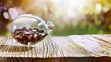 Glass piggy bank filled with coins