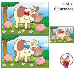 Cow and two funny little pigs on a meadow. Find 10 differences. Educational game for children. Cartoon vector illustration