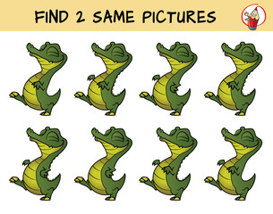 Naklejka premium Little crocodile. Find two same pictures. Educational matching game for children. Cartoon vector illustration