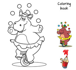 Funny hippo in a skirt on a unicycle juggling with balls. Coloring book. Cartoon vector illustration