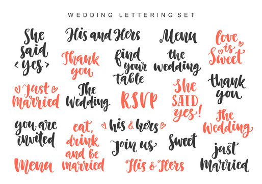 Wedding invitations lettering set, photo overlays isolated on white background