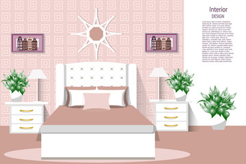 Pink Bedroom interior with furniture and decoration in classic style. Bedroom interior cartoon vector illustration. - 163883129