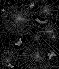 Seamless texture with a cobweb and insects. Dark background, vector illustration