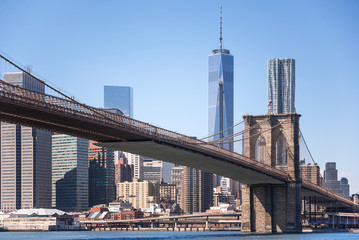 Brooklyn Bridge with One World Trade Center background, New York City, USA