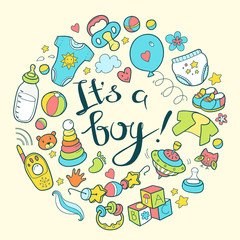 Newborn infant themed cute doodle round illustration. It is a bo