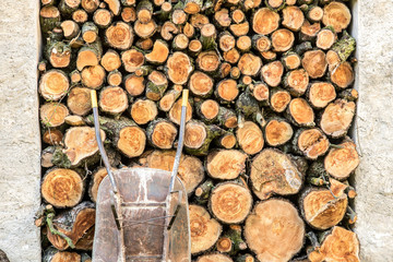 Heap of wood logs ready for winter. Stack of chopped firewood. A pile of woods in the house storage. Raw barked wood logs in a storage yard.