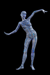 3d render of a metal female robot isolated on black