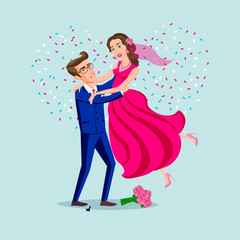 jump marriage of happy couple isolated on heart background confetti. Attractive man and woman being playful. vector