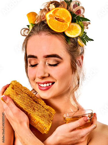 Download Honey Facial Mask With Fresh Fruits For Hair And Skin On Woman Head Girl With Beautiful Face Hold Honeycombs For Homemade Organic Skin And Hair Therapy Healing Properties Of Natural Honey Stock PSD Mockup Templates