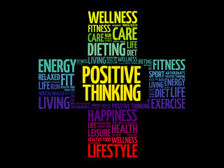 Positive thinking word cloud, health cross concept